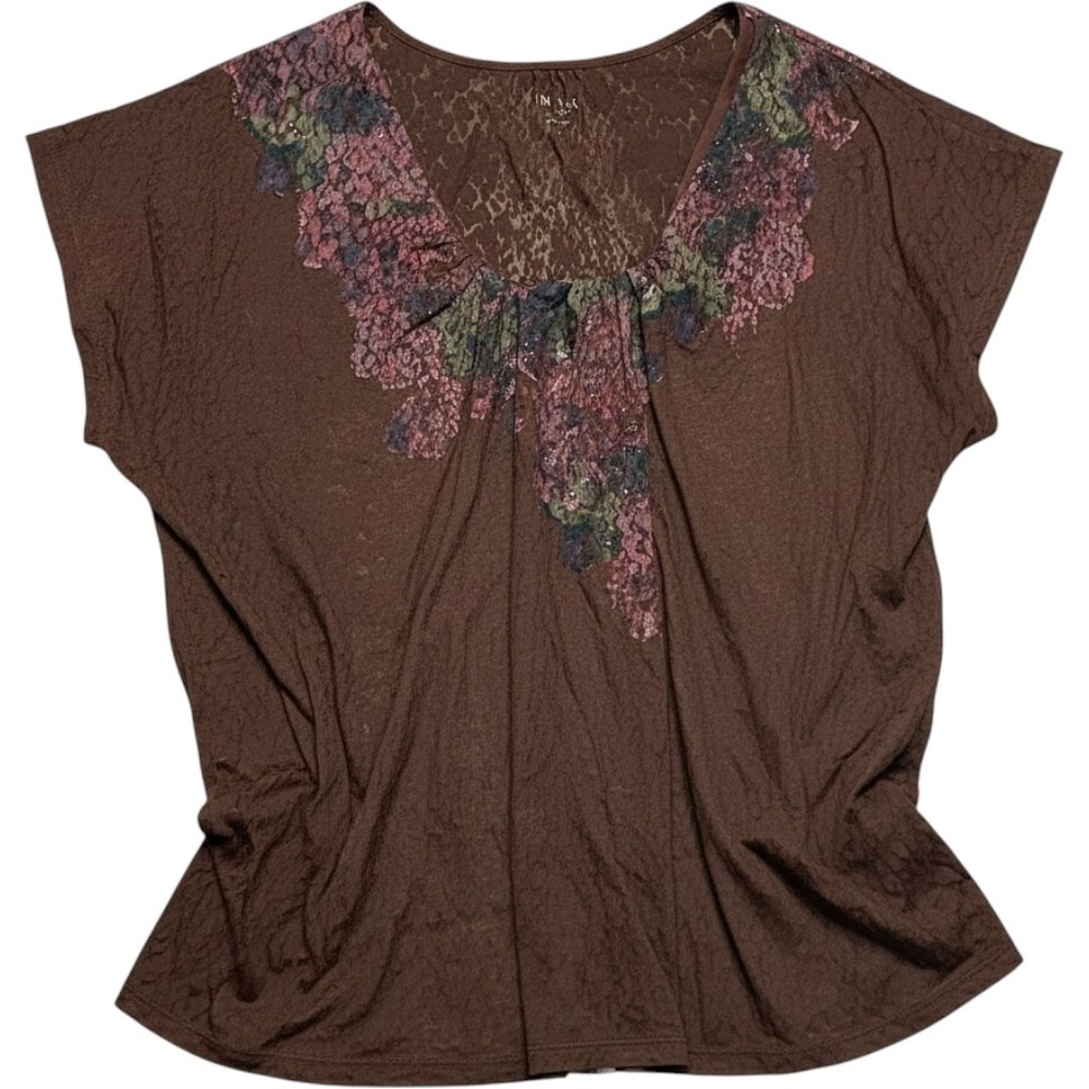 Nine West Jeans Women Brown Floral Lace Trim Cap Sleeve Blouse Top Large